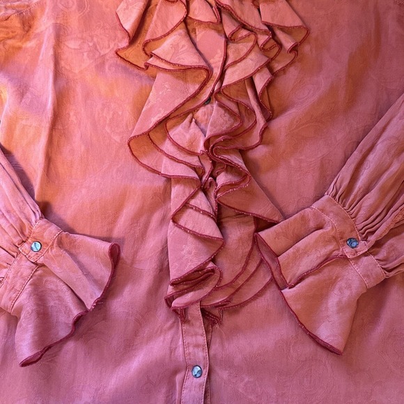 Ryan Michael Small Western Silk Cotton Orange Long Sleeve Ruffle Blouse Top - Picture 9 of 13